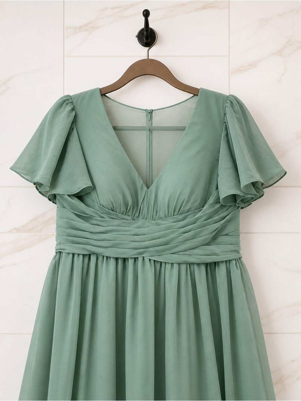 NWT Azazie Sage Green V-Neck Flutter Sleeve Maxi Dress bridesmaid formal gown A8 - Picture 3 of 14